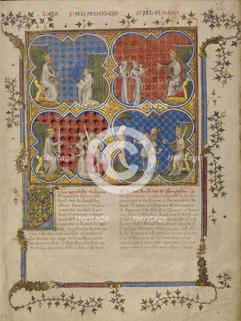 Solomon Teaching Rehoboam; The Judgment of Solomon; Solomon Testing the Legitimacy..., about 1360-70 Creator: Master of Jean de Mandeville.
