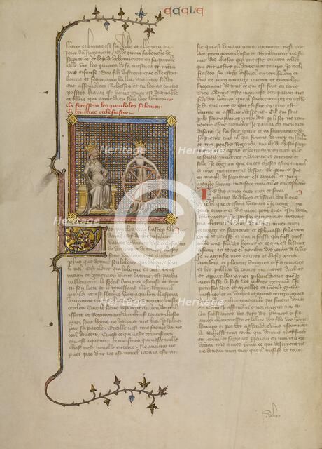 Solomon with a Crowned Female Figure Holding a Wheel Illustrating the Turning..., about 1360-1370. Creator: Master of Jean de Mandeville.