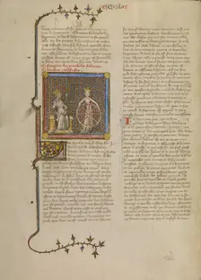 Solomon with a Crowned Female Figure Holding a Wheel Illustrating the Turning..., about 1360-1370. Creator: Master of Jean de Mandeville