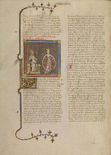 Solomon with a Crowned Female Figure Holding a Wheel Illustrating the Turning..., about 1360-1370. Creator: Master of Jean de Mandeville