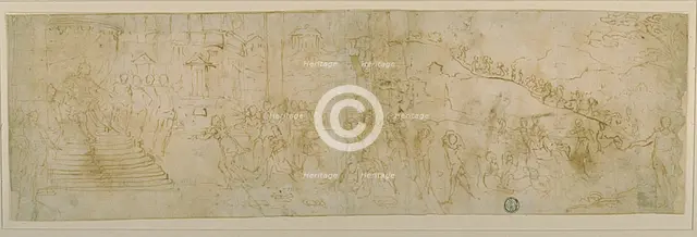 Solomon and the Queen of Sheba (recto); Sketch of the Queen of Sheba (verso), 1590/99. Creator: Bernardo Castello.