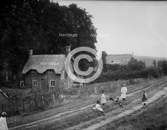 Some children playing with a dog on a rutted track, West Ilsley, West Berkshire, 1900. Creator: Henry Taunt.