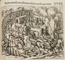 Some Indians are killed, some perish in a fire. (From: Americae pars qvarta). Artist: Bry, Theodor de (1528-1598)