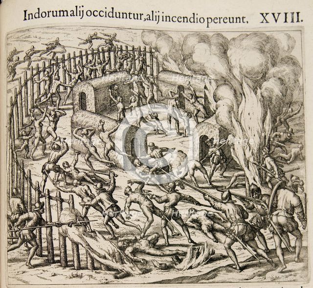 Some Indians are killed, some perish in a fire. (From: Americae pars qvarta). Artist: Bry, Theodor de (1528-1598)