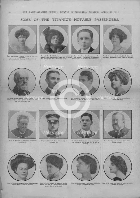 'Some of the Titanic's Notable Passengers', April 20, 1912. Creator: Unknown.