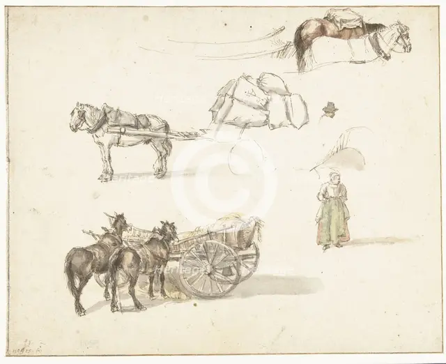 Some studies of carts and a standing farmer's wife, 1633-1687. Creator: Gillis Neyts.