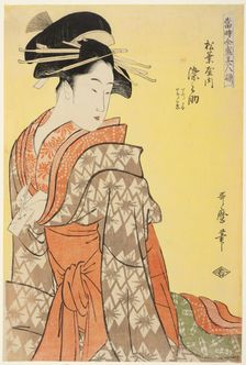 Somenosuke of the Matsubaya, [whose attendants are] Wakagi, Wakaba (Matsubaya uchi Somenos..., 1794. Creator: Kitagawa Utamaro