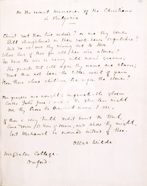 Sonnet On the Massacre of the Christians in Bulgaria by Oscar Wilde, 1818. Creator: Oscar Wilde.
