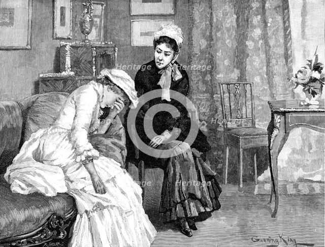 Sophy, huddled upon the sofa,...her...hands hiding her pretty face, answered only by her sobs, 1883. Creator: R. Taylor.