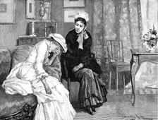 Sophy, huddled upon the sofa,...her...hands hiding her pretty face, answered only by her sobs, 1883. Creator: R. Taylor