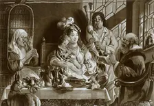 Soprano recorders and bagpipes; Brussels gobelin designed by Jacobus Jordaens 1948