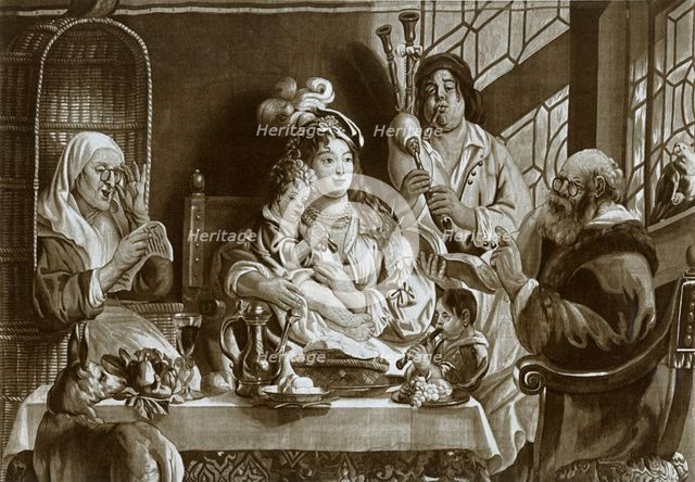 'Soprano recorders and bagpipes; Brussels gobelin designed by Jacobus Jordaens', 1948. Artist: Unknown.
