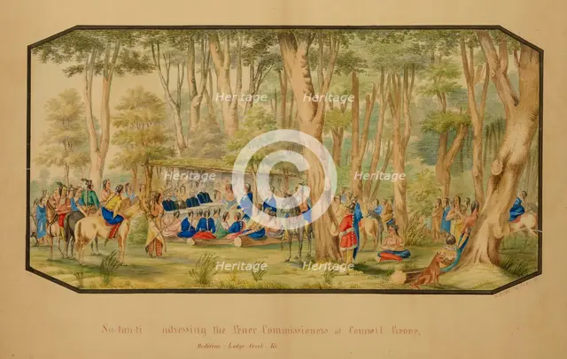 Sa-tan-ti Addressing the Peace Commissioners at Council Grove, Medicine Lodge Creek, 1867. Creator: Hermann Stieffel.