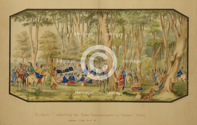 Sa-tan-ti Addressing the Peace Commissioners at Council Grove, Medicine Lodge Creek, 1867. Creator: Hermann Stieffel.