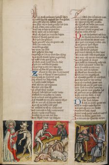 Satan Asks God to Give up his Protection of Job: Job's Cattle Die: The Shep..., about 1400-1410. Creator: Unknown