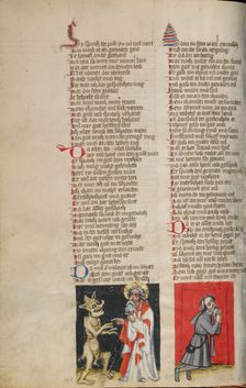 Satan before God; Job in Prayer; Weltchronik, about 1400-1410. Creator: Unknown