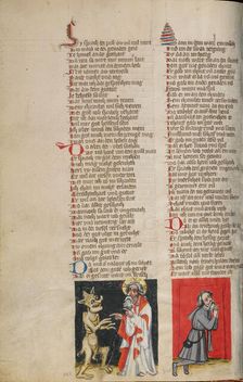 Satan before God; Job in Prayer; Weltchronik, about 1400-1410. Creator: Unknown