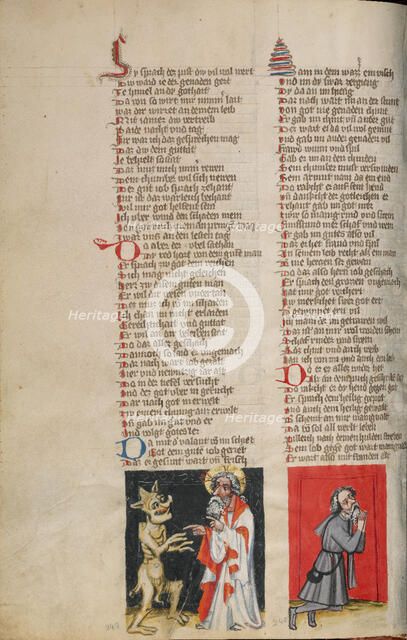 Satan before God; Job in Prayer; Weltchronik, about 1400-1410. Creator: Unknown.