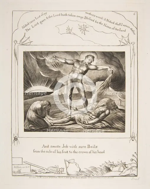 Satan Smiting Job with Boils, from Illustrations of the Book of Job, 1825-26. Creator: William Blake.
