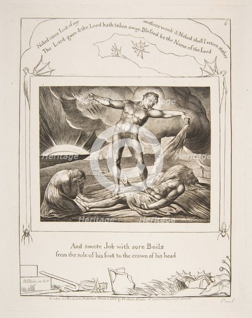 Satan Smiting Job with Boils, from Illustrations of the Book of Job, 1825-26. Creator: William Blake.