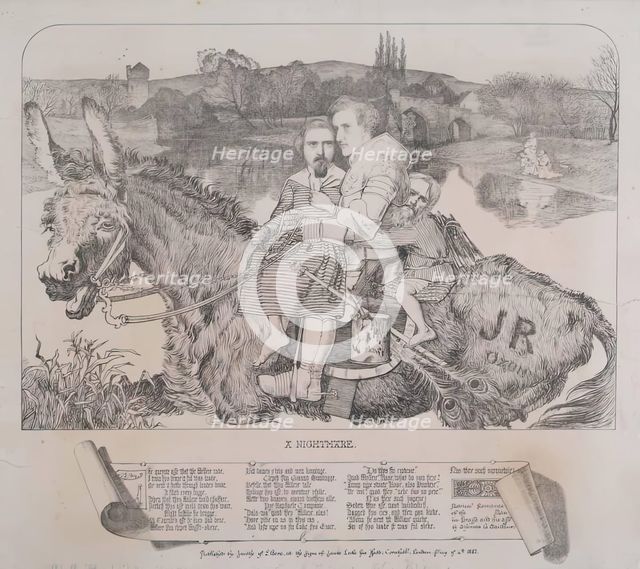 Satire of Millais's Painting -" St. Isumbras at the Ford", c1857. Creator: Frederick Augustus Sandys.