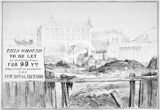 Satire on the delay in rebuilding the Royal Exchange after the fire of 1838, (c1840).        Artist: Anon