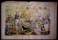 Satirical caricature of the government ministers in the kitchen, published in La Mosca No. 32,…