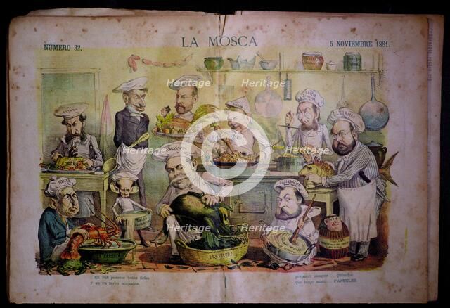Satirical caricature of the government ministers in the kitchen, published in 'La Mosca', No. 32,…