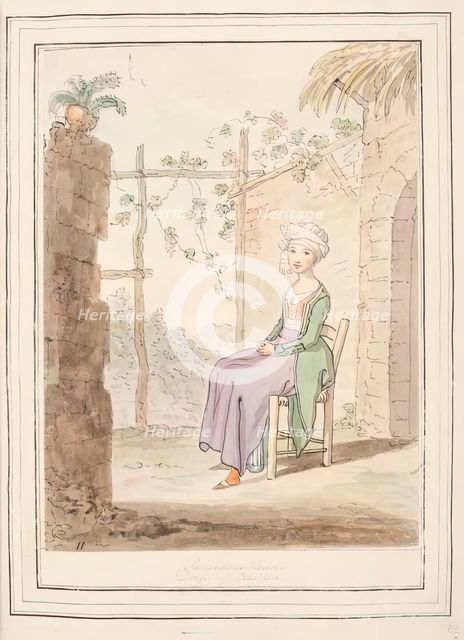 Saturdays Head Dress of Procida, leaf from 'A Collection of Dresses by David Allan..., 1776. Creator: David Allan.