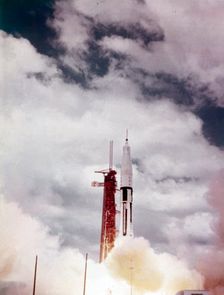 Saturn 1B lift off from Launch Complex 34, Kennedy Space Center, Florida, USA, 1960s. Creator: NASA