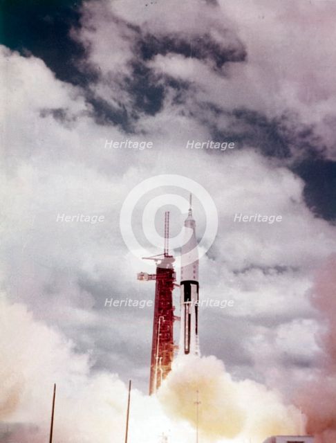Saturn 1B lift off from Launch Complex 34, Kennedy Space Center, Florida, USA, 1960s. Creator: NASA.