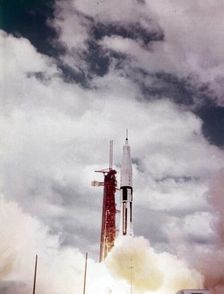 Saturn 1B lift off from Launch Complex 34, Kennedy Space Center, Florida, USA, 1960s. Creator: NASA