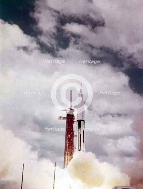 Saturn 1B lift off from Launch Complex 34, Kennedy Space Center, Florida, USA, 1960s. Creator: NASA.