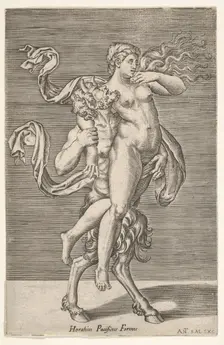 Satyr carrying a nymph, whose right arm is wrapped around the satyr's neck, with a ..., ca. 1505-62. Creator: Antonio Salamanca