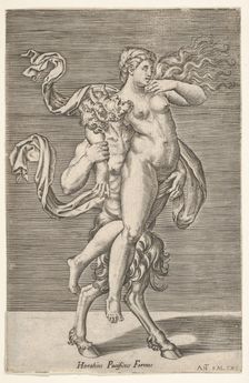 Satyr carrying a nymph, whose right arm is wrapped around the satyr's neck, with a ..., ca. 1505-62. Creator: Antonio Salamanca