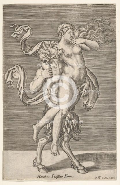 Satyr carrying a nymph, whose right arm is wrapped around the satyr's neck, with a ..., ca. 1505-62. Creator: Antonio Salamanca.