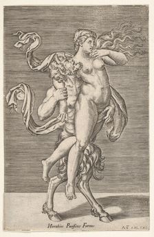 Satyr carrying a nymph, whose right arm is wrapped around the satyr's neck, with a ..., ca. 1505-62. Creator: Antonio Salamanca