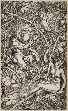 Satyr and Nymph with Birds. Module of a wallpaper, c.1525. Creator: Beham, Hans Sebald (1500-1550)