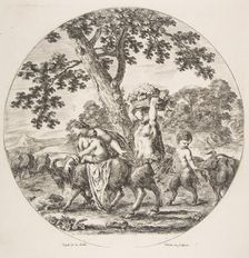 Satyr family walking towards the left with two goats and a basket of grapes, ca. 1657. Creator: Stefano della Bella