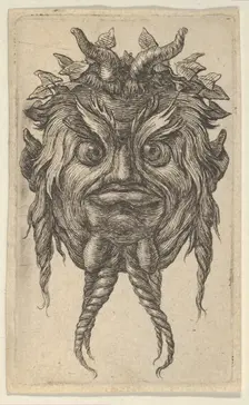 Satyr Mask with Horns and a Twisted Beard Wearing an Ivy Wreath, from Divers Masque..., ca. 1635-45. Creator: Francois Chauveau
