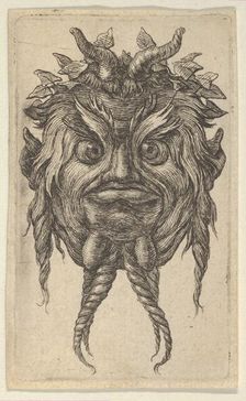 Satyr Mask with Horns and a Twisted Beard Wearing an Ivy Wreath, from Divers Masque..., ca. 1635-45. Creator: Francois Chauveau
