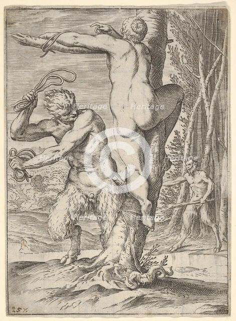 Satyr whipping a nymph, who is shown from behind and bound to a tree, a second saty..., ca. 1590-95. Creator: Agostino Carracci.