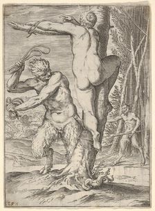 Satyr whipping a nymph, who is shown from behind and bound to a tree, a second saty..., ca. 1590-95. Creator: Agostino Carracci