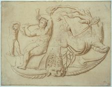 Satyr with Two Pipes and Putto and Woman Taking Drink from Tree, n.d. Creator: Unknown