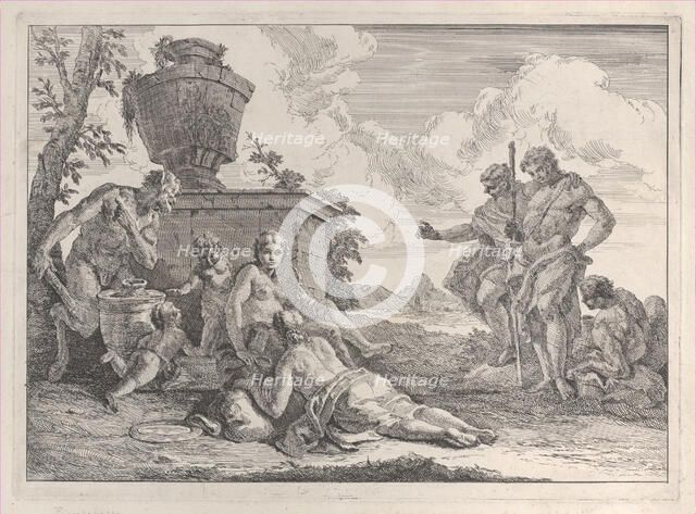 Satyr with Club and Seven Figures, from "Bacchanals and Histories", 1744. Creator: Francesco Fontebasso.