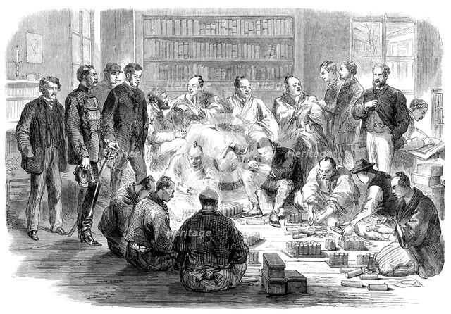 Satzuma's envoys paying the indemnity money at Yokohama for the murder of Mr. Richardson, 1864. Creator: Unknown.