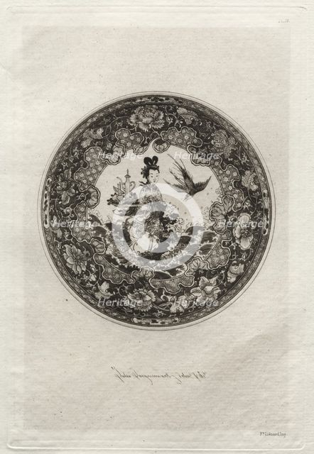 Saucer with Rich Enameled Ground and Medallion Representing the Goddess Kounin , c. 1877. Creator: Jules Jacquemart (French, 1837-1880); Ampson Low, Marston, Searle & Rivington.