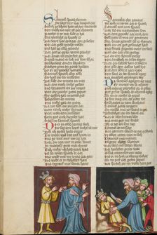 Saul Tearing Samuel's Cloak: Samuel Killing Agag; Weltchronik, about 1400-1410. Creator: Unknown