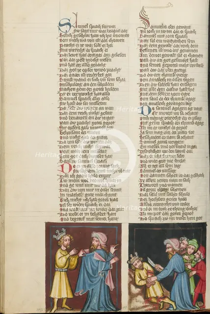 Saul Tearing Samuel's Cloak: Samuel Killing Agag; Weltchronik, about 1400-1410. Creator: Unknown.