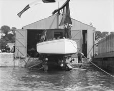 Saunders motor launch on slipway ready for launching, 1908. Creator: Kirk & Sons of Cowes